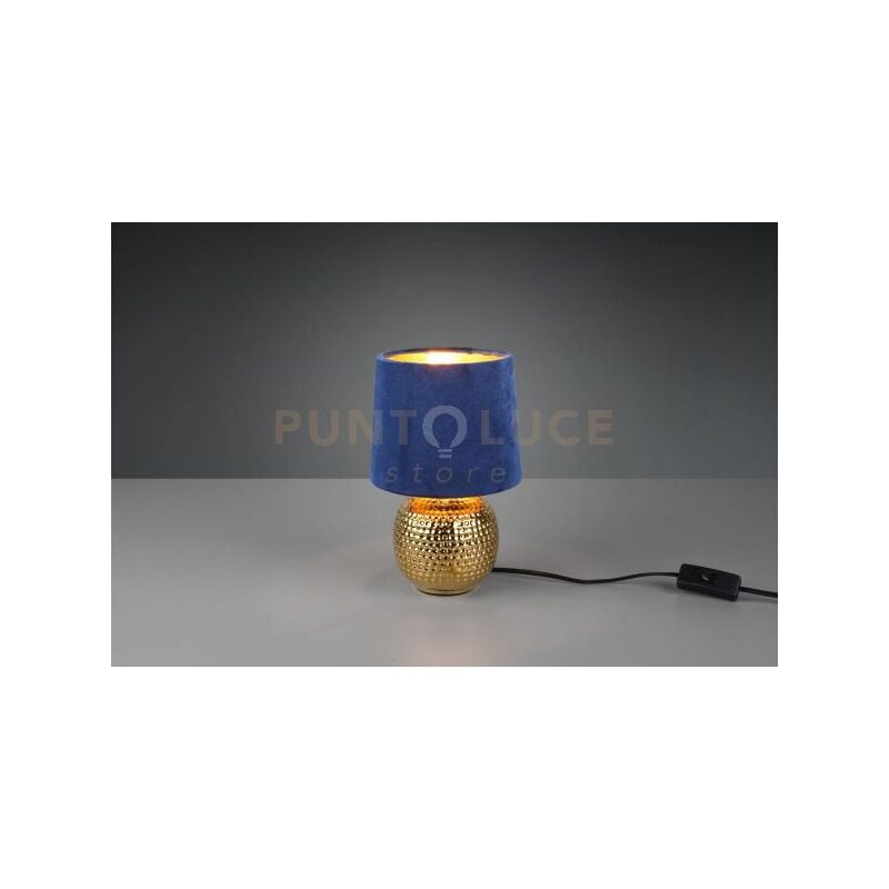 foto del prodotto sophia lampada da tavolo base ceramica oro e paralume effetto velluto blu h. 26cm 1 luce attacco e 14