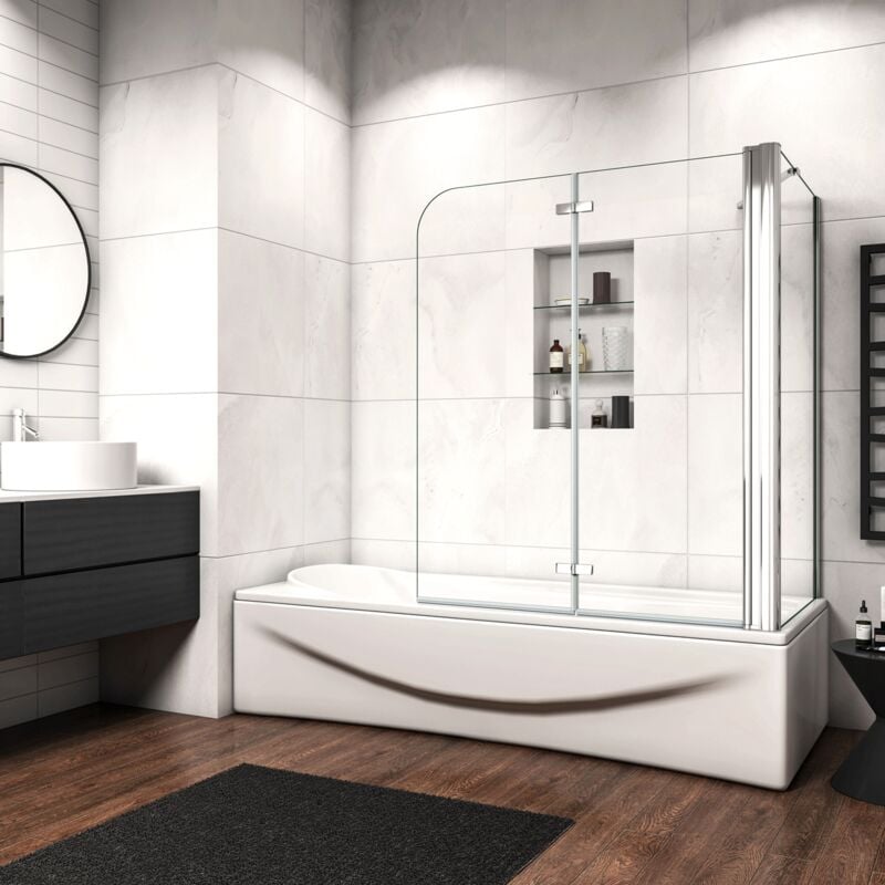 foto del prodotto sopravasca angolare da bagno parete per vasca due ante vetro temperato trasparente 6 mm anticalcare 100x80x140cm