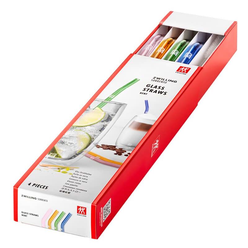 foto del prodotto sorrento cannucce in vetro borosilicato riutilizzabili e sostenibili per bevande fredde e calde, 4 pezzi, lunghezza 23 cm, forma curva, colore 
