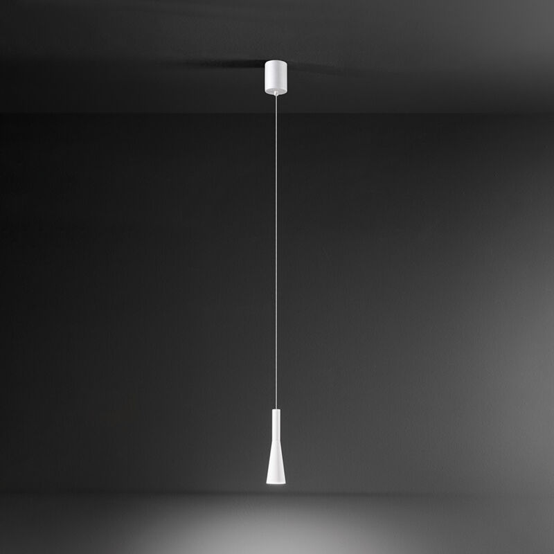 foto del prodotto sospensione 1 luce cone in alluminio colore bianco opaco diffusore acrilico intercambiabile led 7w 525lm 3000k
