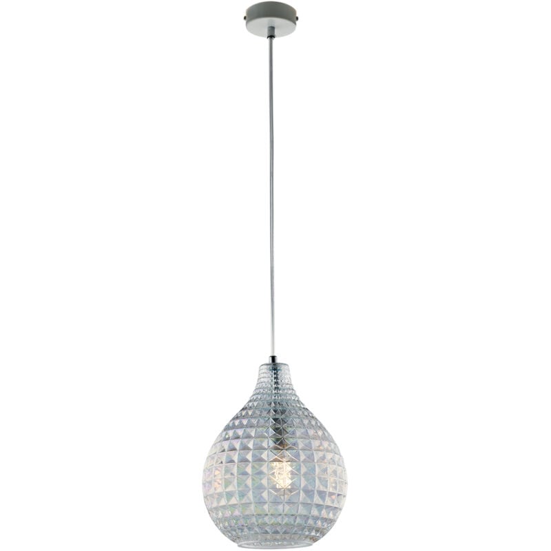 foto del prodotto sospensione 1 luce diamante in ferro bianco e vetro soffiato trasparente