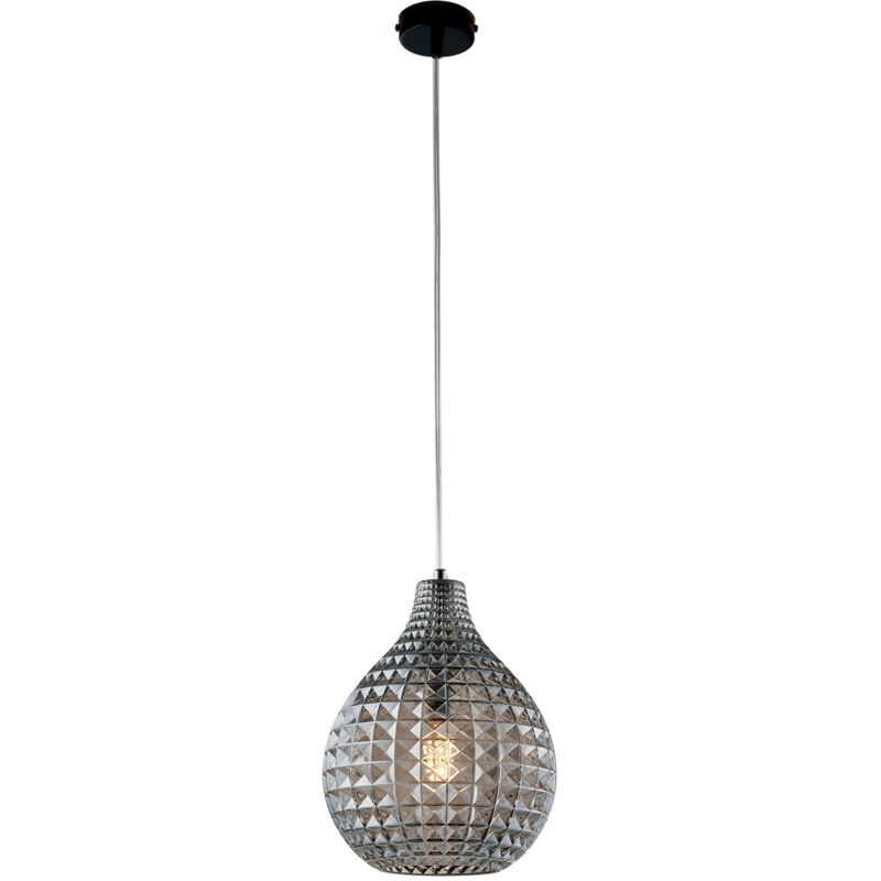 foto del prodotto sospensione 1 luce diamante in ferro nero e vetro soffiato grigio specchiato