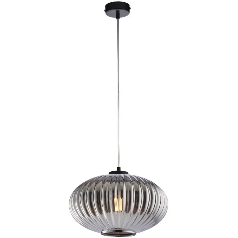 foto del prodotto sospensione 1 luce ginger in ferro nero e vetro grigio specchiato plisse 