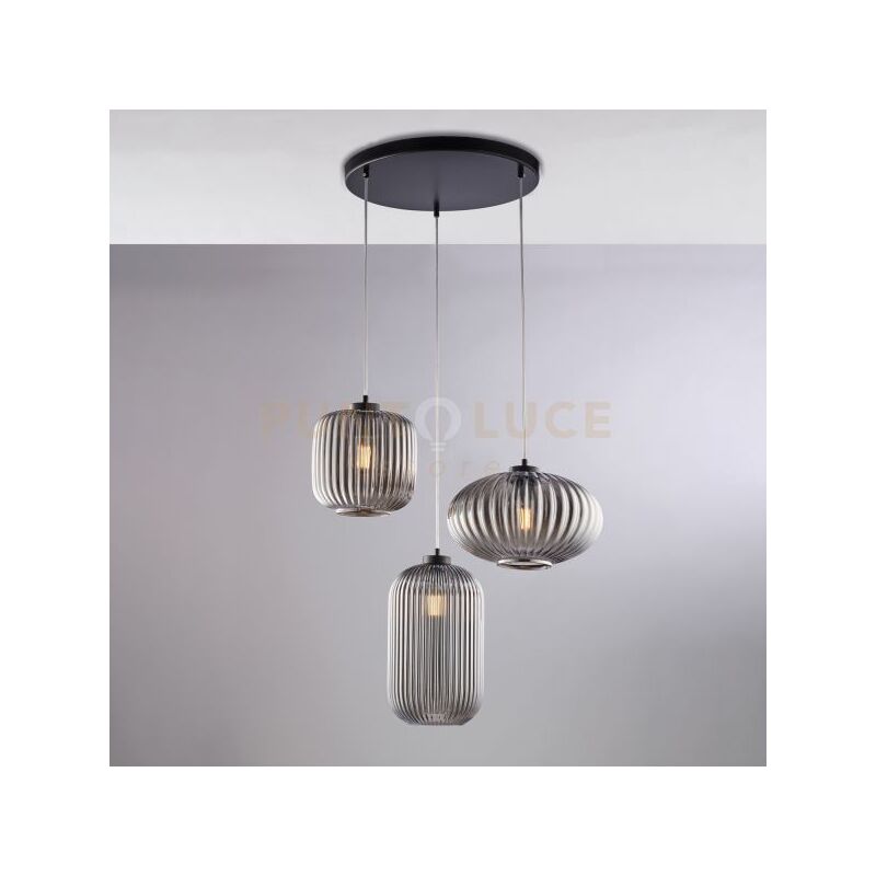 foto del prodotto sospensione 3 luci glamour vetro soffiato grigio specchiato plissettato