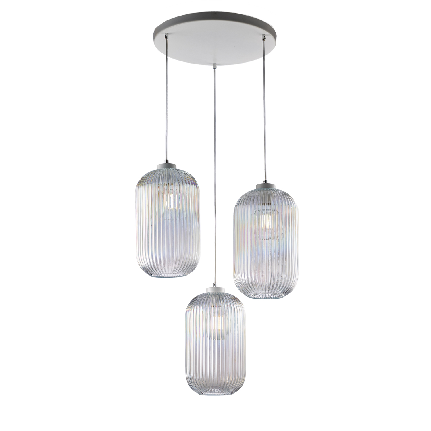 foto del prodotto sospensione 3 luci krizia in ferro bianco e vetro trasparente effetto plisse'