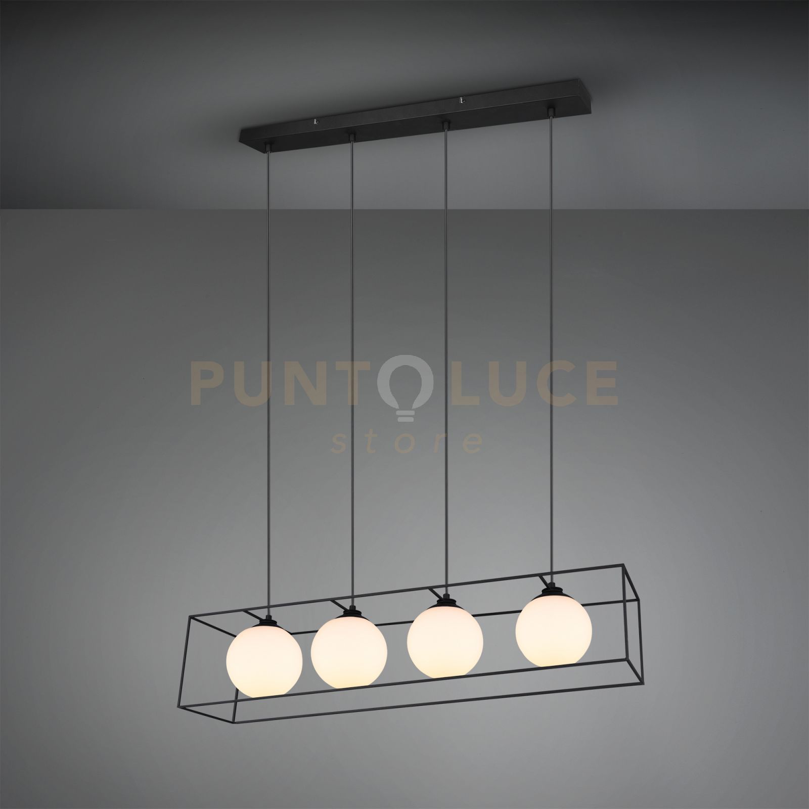 foto del prodotto sospensione 4 sfere vetri gabbia struttura metallo r30404032 nero e bianco 100cm