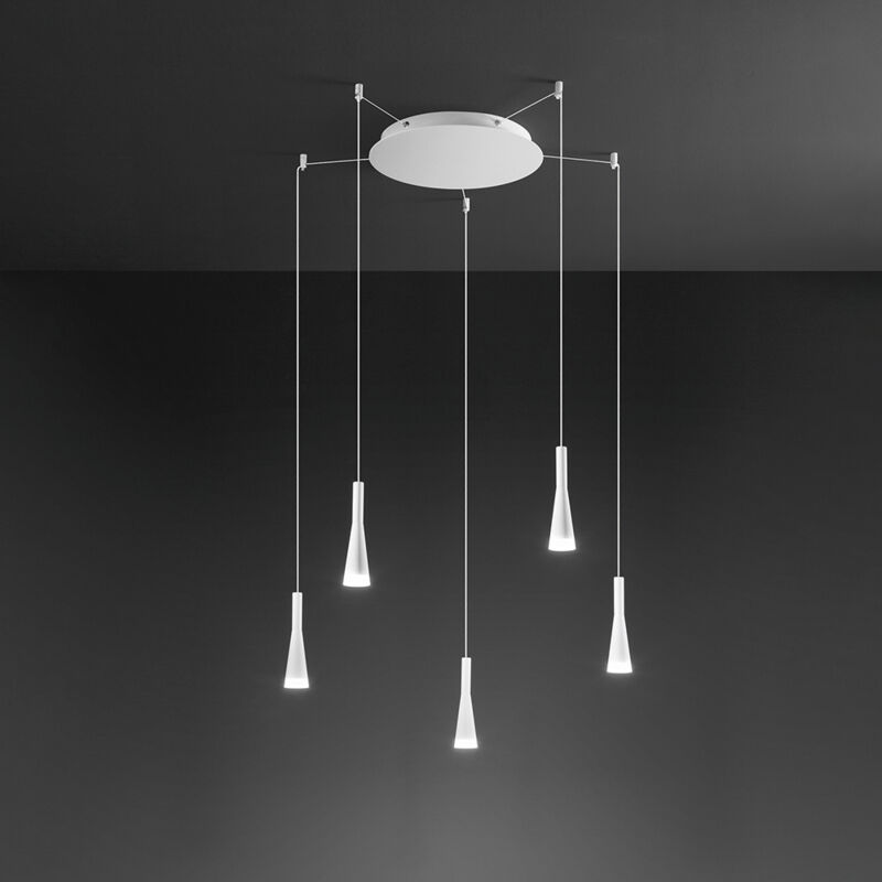 foto del prodotto sospensione 5 luci cone in alluminio colore bianco opaco diffusore acrilico intercambiabile led 7w 2625lm 3000k