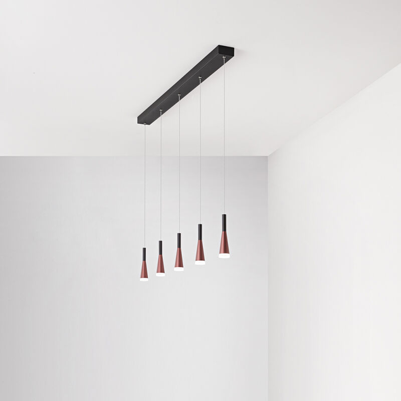 foto del prodotto sospensione 5 luci cone in alluminio rettangolare colore oro e nero diffusore acrilico intercambiabile led 7w 2625lm 3000k