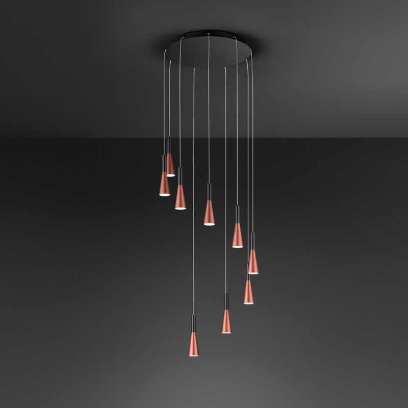 foto del prodotto sospensione 9 luci cone in alluminio colore oro e nero diffusore acrilico intercambiabile 7w 4725lm - 3000k