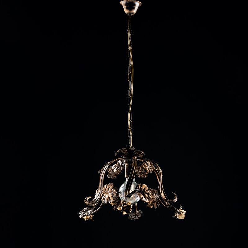 foto del prodotto sospensione arte povera 1 luce con foglie in ferro marrone e oro serie iris