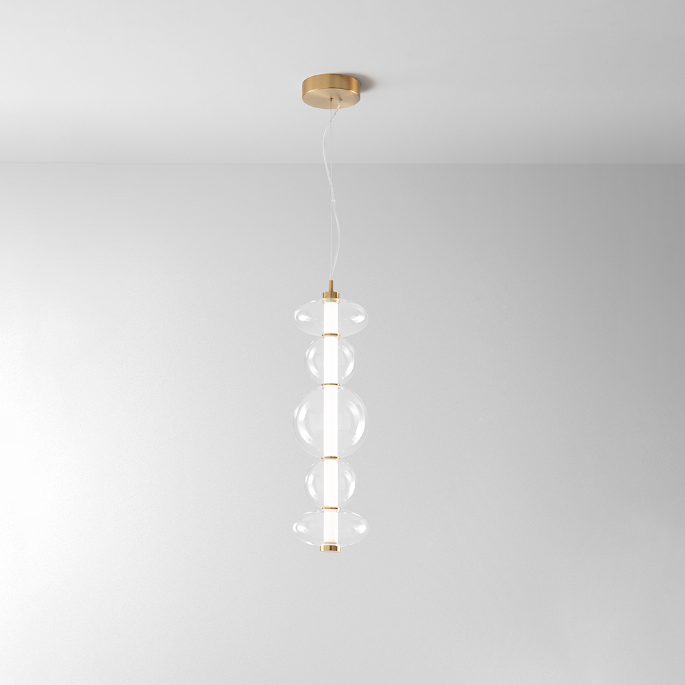 foto del prodotto sospensione bubbles in metallo e vetro trasparente finitura oro spazzolato a led 38w 3040lm 3000k 78cm