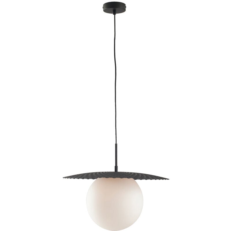 foto del prodotto sospensione chaplin in metallo nero con diffusore in vetro bianco 45 cm. 
