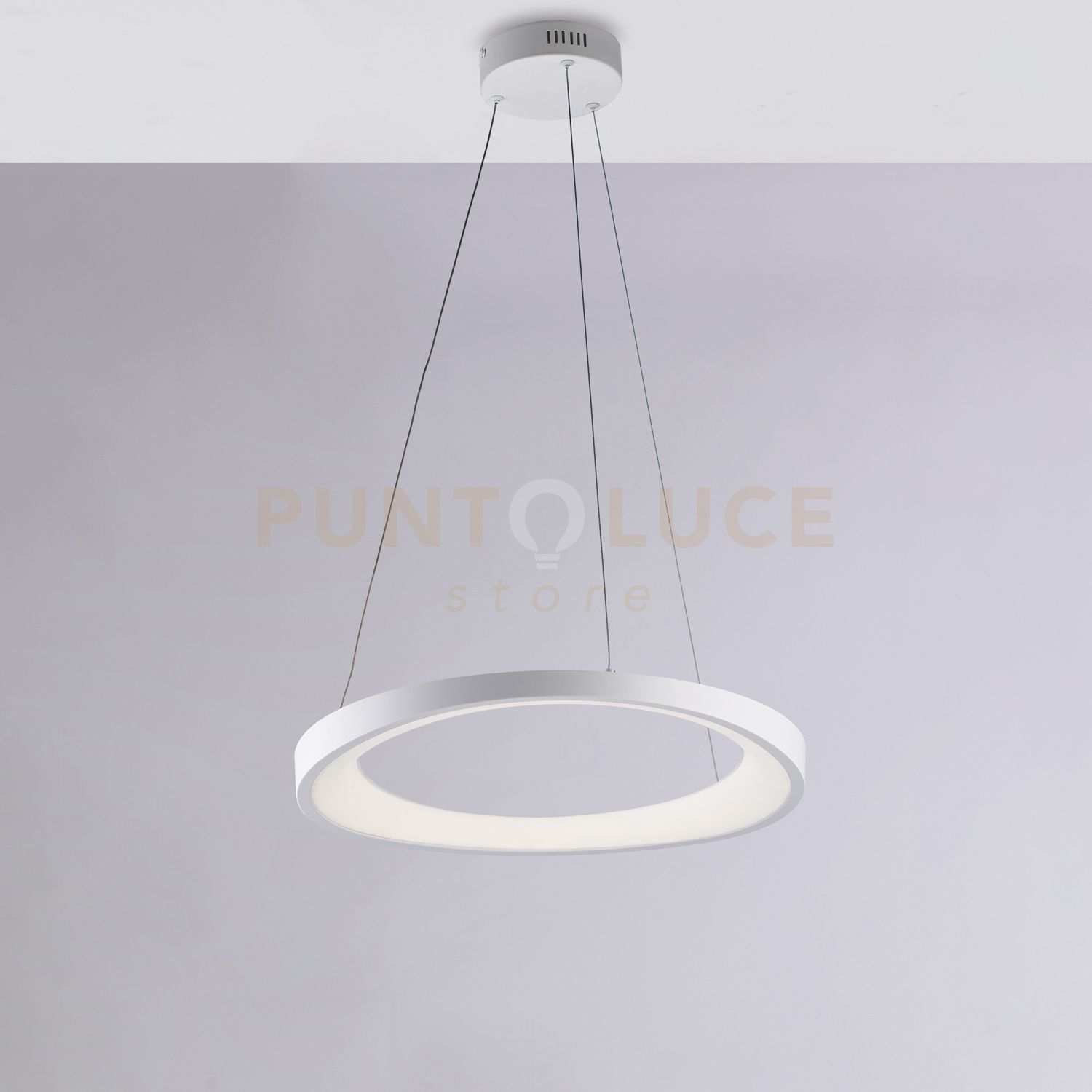 foto del prodotto sospensione circolare in metallo e alluminio laccato bianco con led integrato e cavi elettrici regolabili