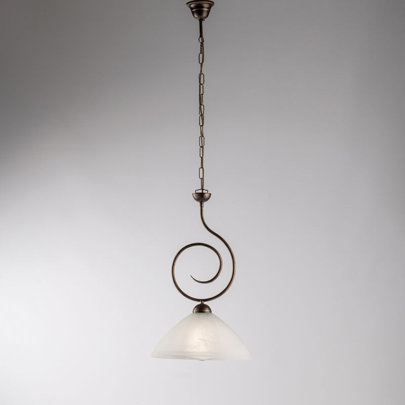 foto del prodotto sospensione classica 1 luce ferro battuto marrone e oro vetro bianco serie milly