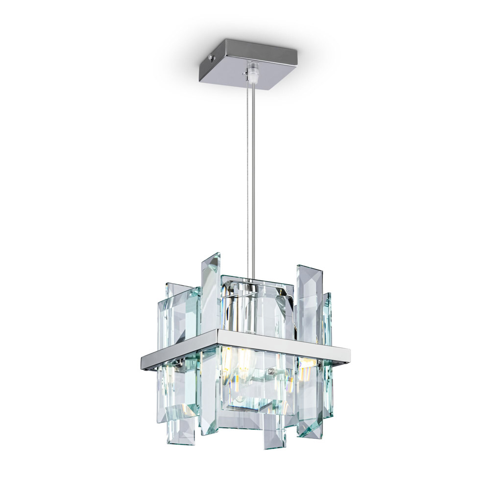 foto del prodotto sospensione contemporanea cerezo metallo cromo 1 luce diffusore cristallo