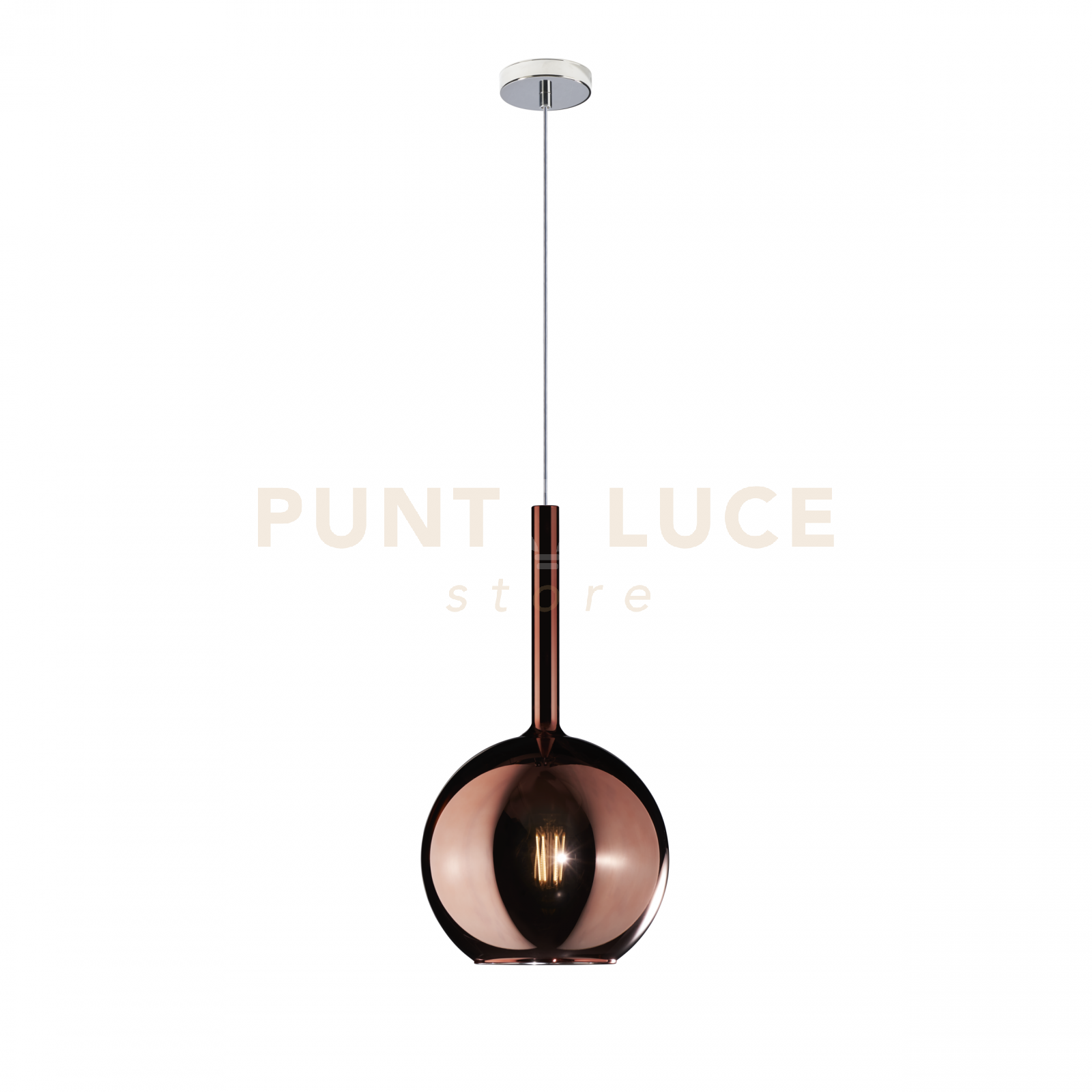 foto del prodotto sospensione contemporanea future metallo cromo vetro rame 1 luce e27 d.20cm