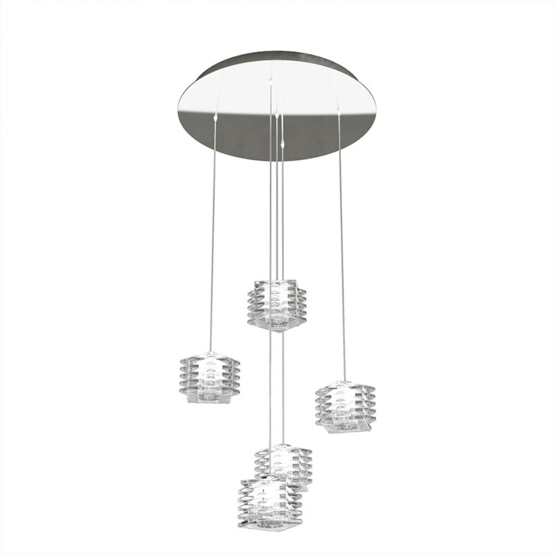foto del prodotto sospensione contemporanea rubik metallo cromo diffusore cristallo 5 luci g9
