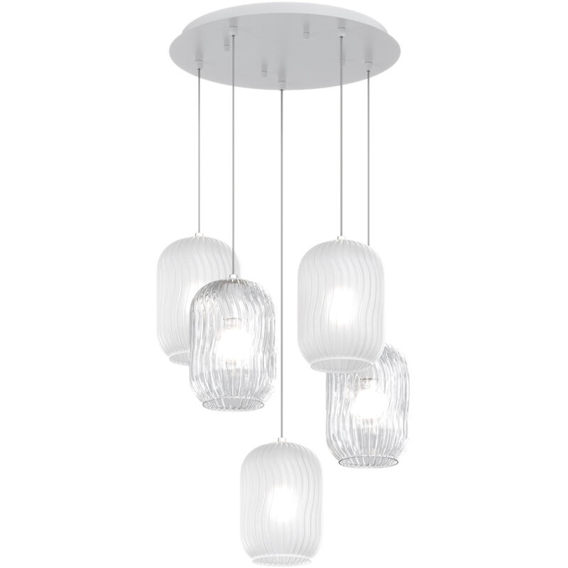 foto del prodotto sospensione contemporanea tender metallo bianco vetro trasp e bianco 5 luci e27