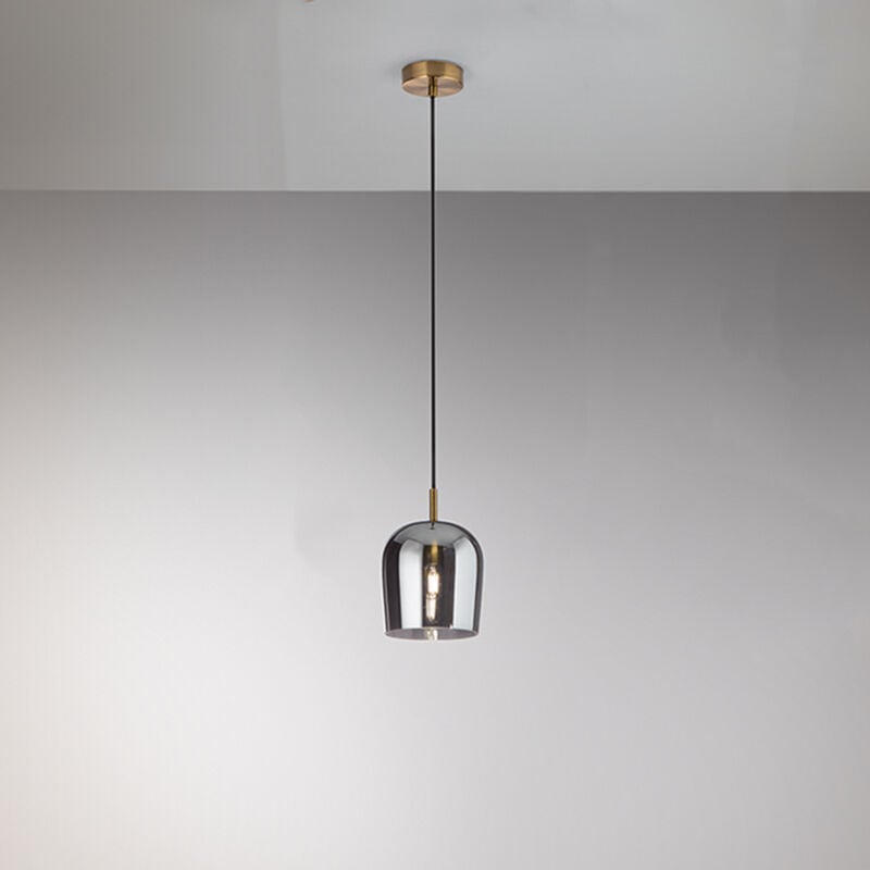 foto del prodotto sospensione coro 1 luce in vetro fume specchiatofinitura ottone brunito attacco e14