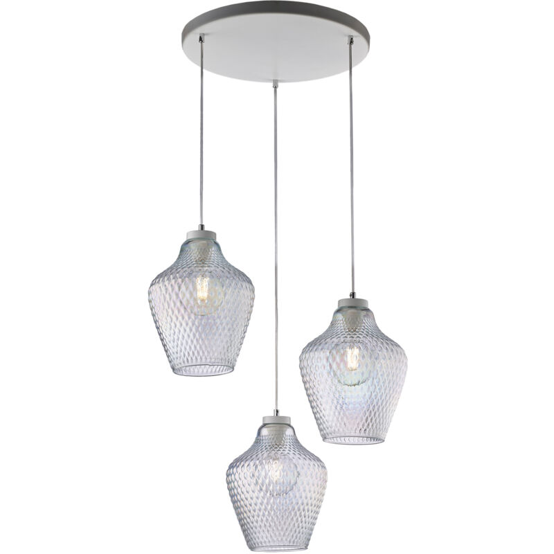 foto del prodotto sospensione in ferro laccato bianco con cavi elettrici regolabili e diffusori in vetro soffiato trasparente con decoro in rilievo 3 luci