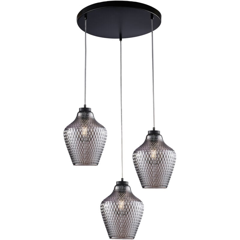 foto del prodotto sospensione in ferro laccato nero con cavi elettrici regolabili e diffusori in vetro soffiato grigio specchiato con decoro in rilievo 3 luci