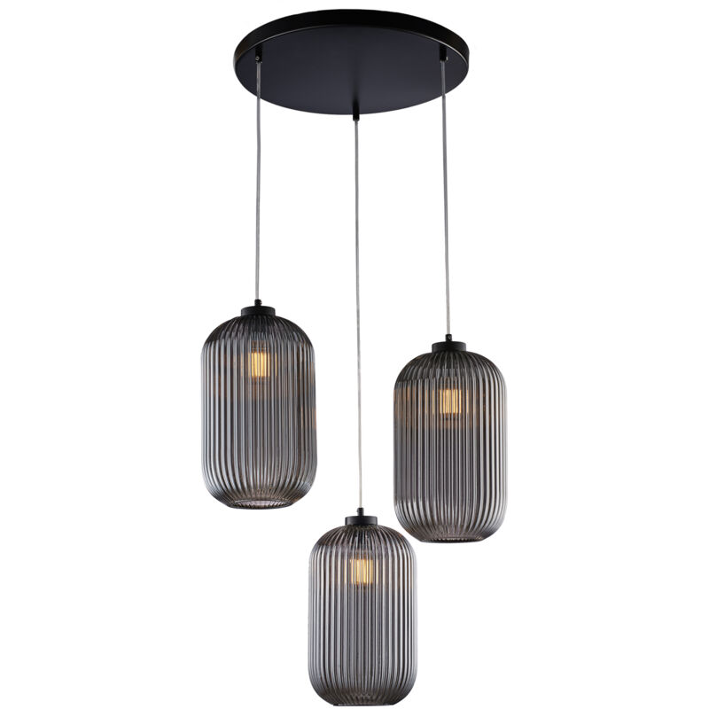 foto del prodotto sospensione in ferro laccato nero con cavi elettrici regolabili e diffusori in vetro soffiato grigio specchiato con decoro rigatura in rilievo 3 luci