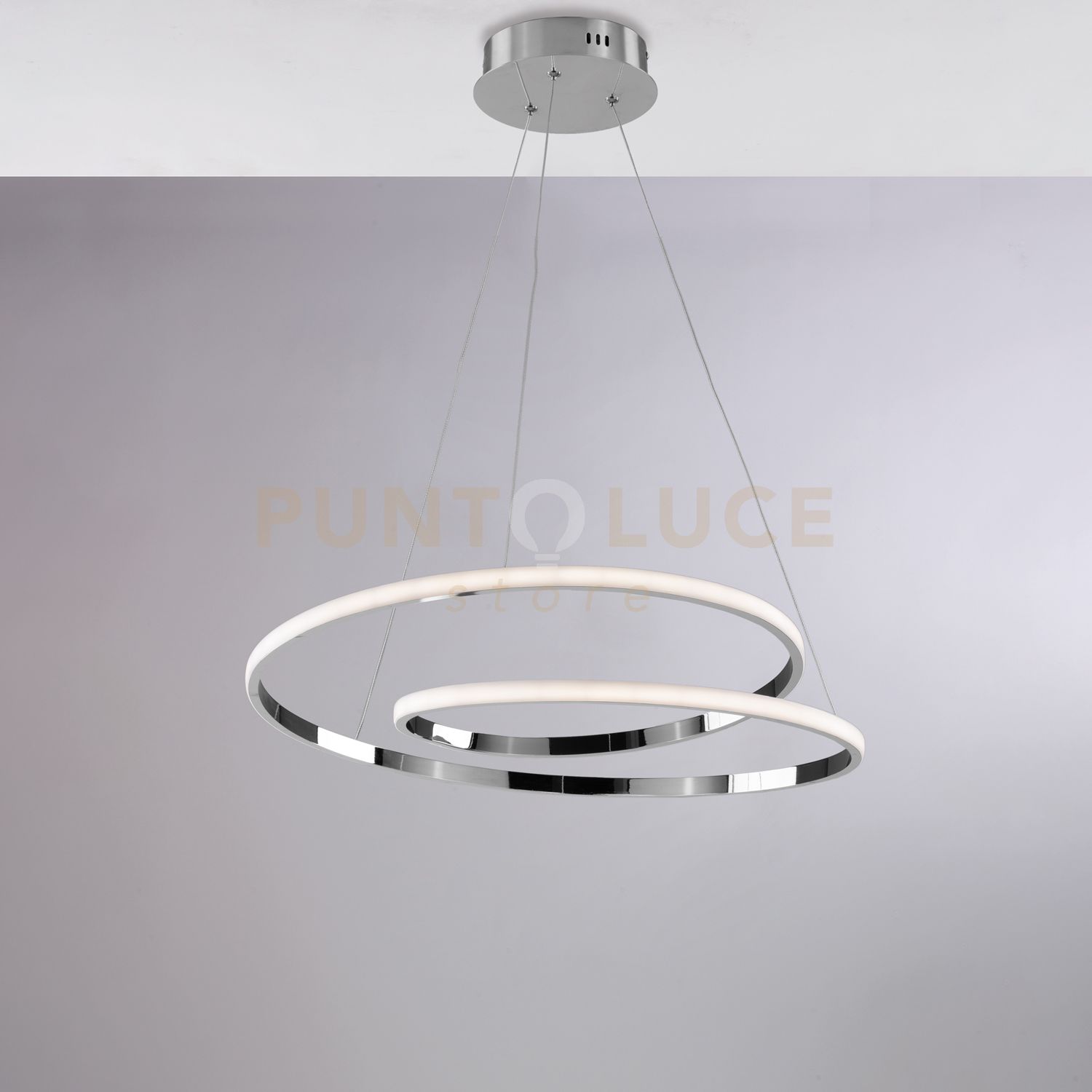 foto del prodotto sospensione in metallo e alluminio cromo lucido con led integrato e cavi elettrici regolabili