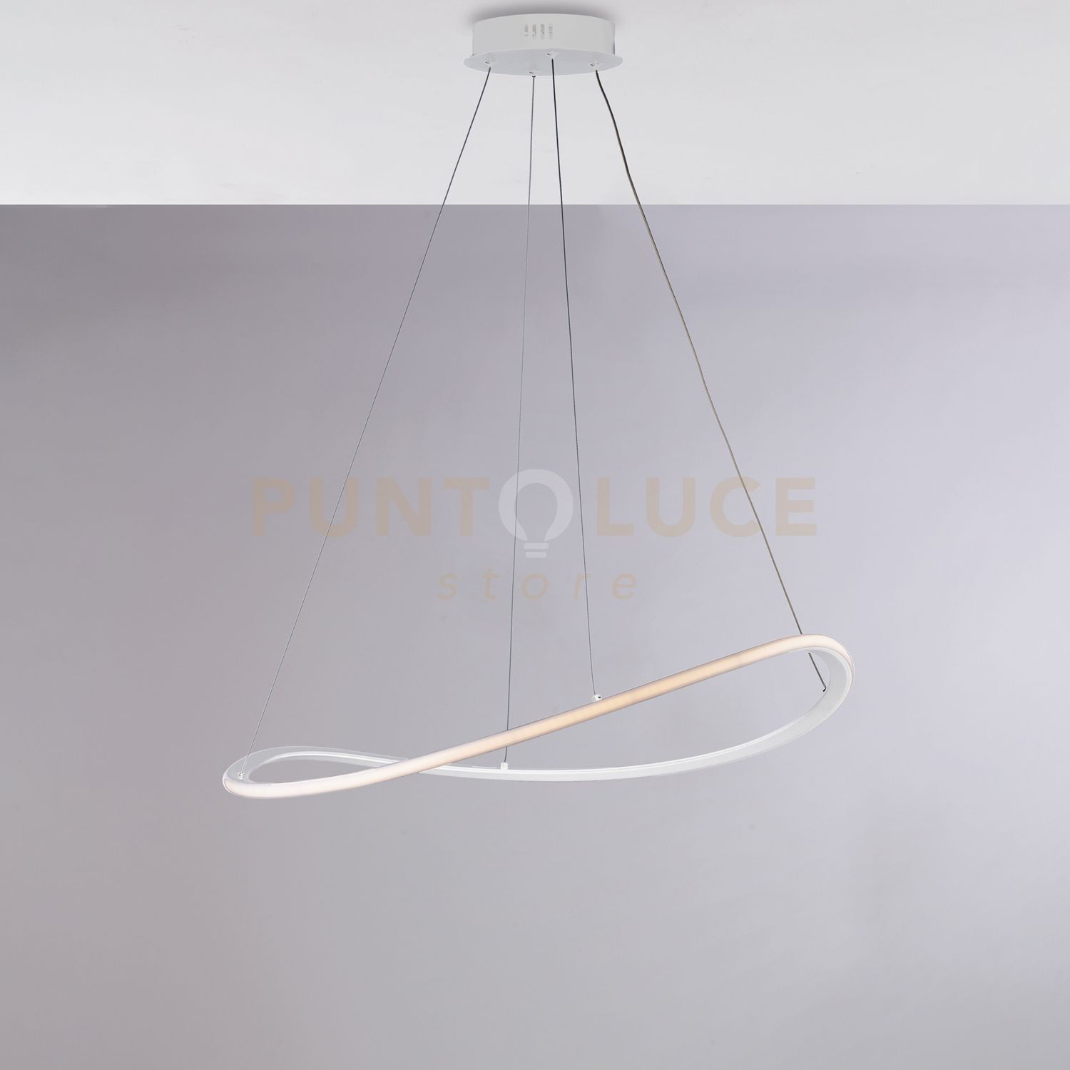 foto del prodotto sospensione in metallo e alluminio laccato bianco con led integrato cct telecomando e cavi elettrici regolabili