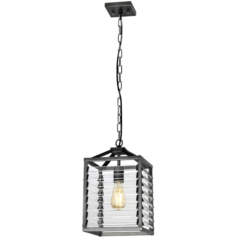 foto del prodotto sospensione industrial nordica louvre acciaio canna di fucile vetro 1 luce e27