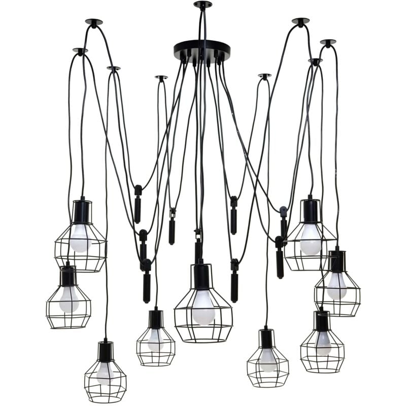 foto del prodotto sospensione lampada a sospensione lampadario regolabile in altezza in metallo industriale nero 9x paralume a reticolo 040004057