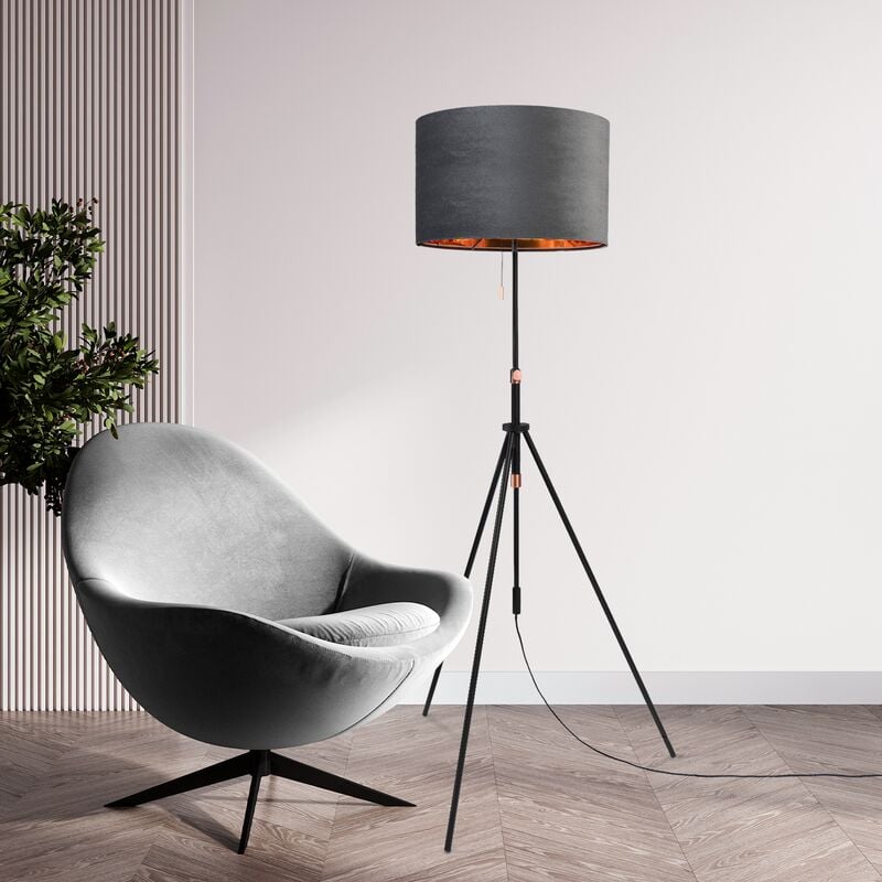 foto del prodotto sospensione lampada da terra treppiede salotto paralume velour monocolore e27 antracite oro 45.5 cm , lampada da terra tipo 2 nero paco home