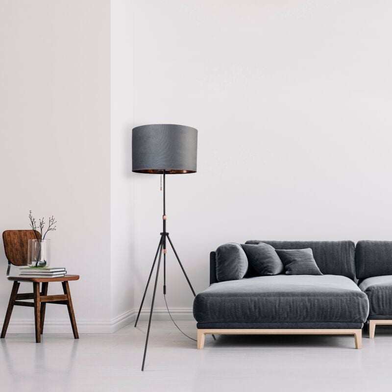 foto del prodotto sospensione lampada da terra treppiede salotto paralume velour monocolore e27 antracite rame 45.5 cm , lampada da terra tipo 2 nero paco home