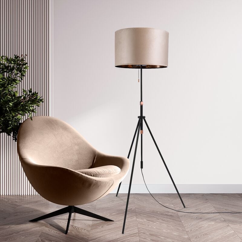 foto del prodotto sospensione lampada da terra treppiede salotto paralume velour monocolore e27 beige rame 45.5 cm , lampada da terra tipo 2 nero paco home