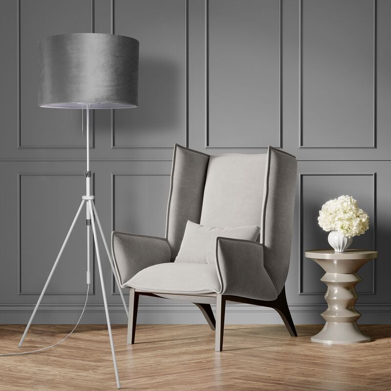 foto del prodotto sospensione lampada da terra treppiede salotto paralume velour monocolore e27 grigio bianca 45,5 cm , lampada da terra bianca tipo 2 paco home