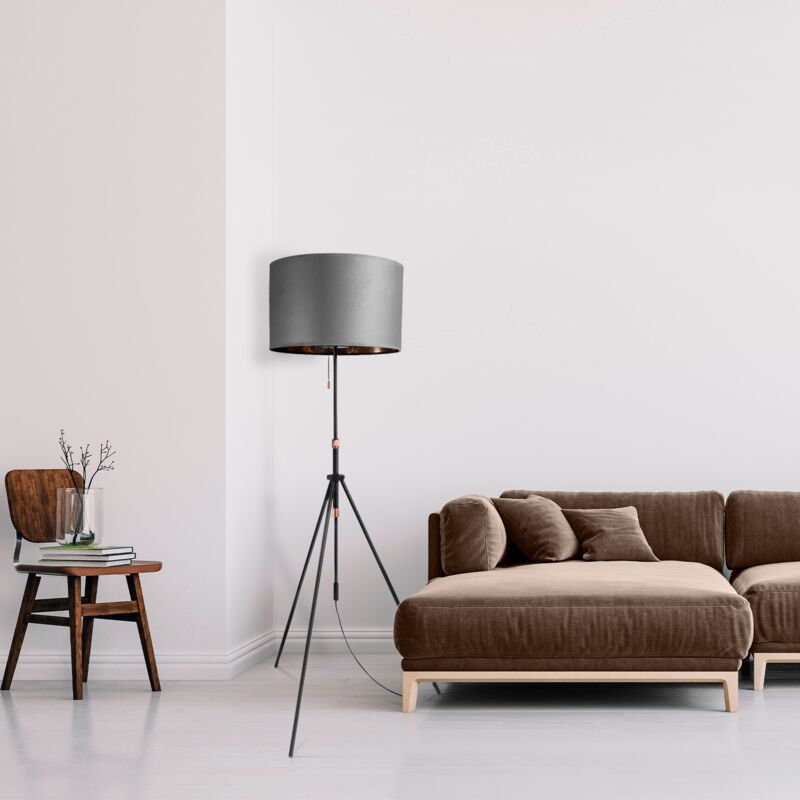 foto del prodotto sospensione lampada da terra treppiede salotto paralume velour monocolore e27 grigio rame 45,5 cm , lampada da terra tipo 2 nero paco home