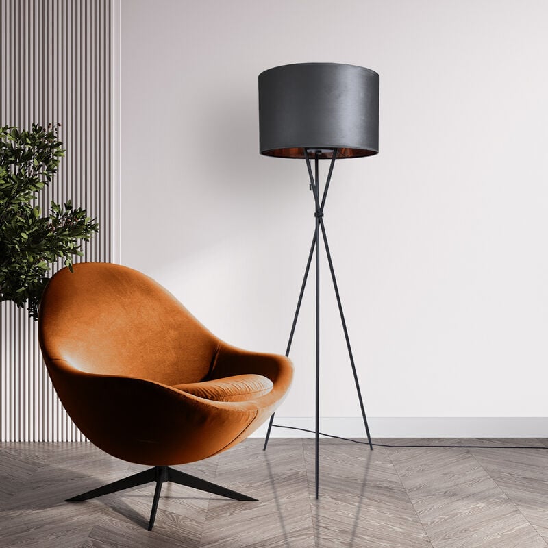 foto del prodotto sospensione lampada da terra treppiede salotto paralume velour monocolore e27 lampada da terra nero, antracite rame 45.5 cm paco home