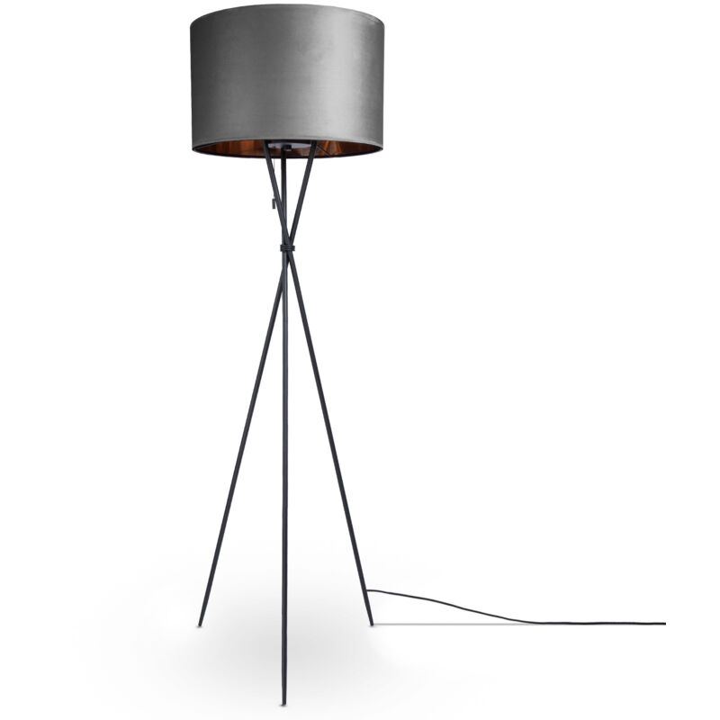 foto del prodotto sospensione lampada da terra treppiede salotto paralume velour monocolore e27 lampada da terra nero, grigio rame 45,5 cm paco home