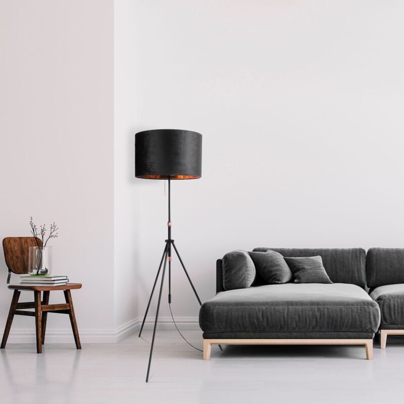 foto del prodotto sospensione lampada da terra treppiede salotto paralume velour monocolore e27 nero oro 45.5 cm , lampada da terra tipo 2 nero paco home