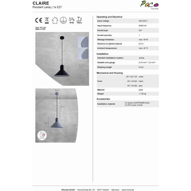 foto del prodotto sospensione lampada plafone sala da pranzo lampada cucina sospesa tavola mat e27 grigio opaco bianco, chiaro st64 800 lumen 7w paco home