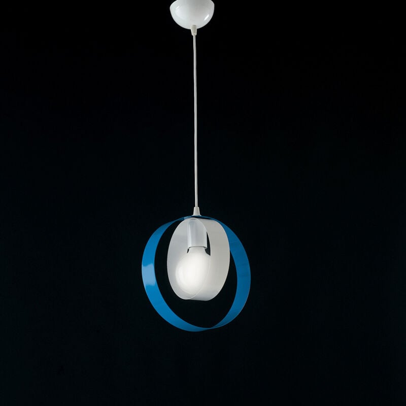 foto del prodotto sospensione moderna 1 luce cerchi ferro bianco e azzurro serie bolla