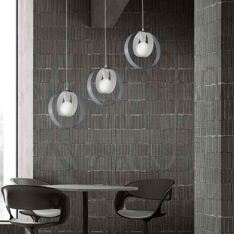 foto del prodotto sospensione moderna 1 luce cerchi ferro bianco e grigio serie bolla