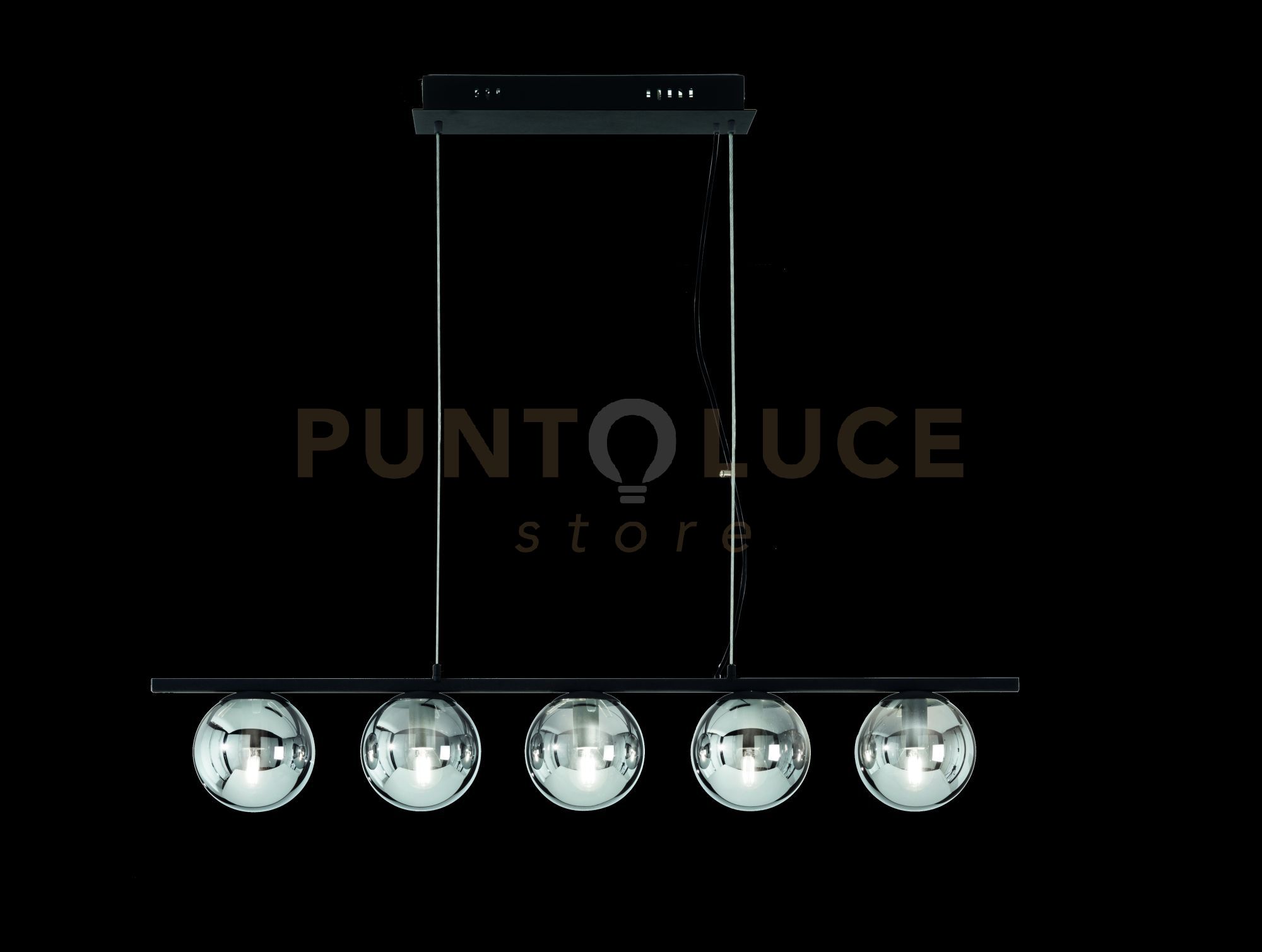 foto del prodotto sospensione monile 5 luci attacco e14 nero e vetri fume' l.100cm