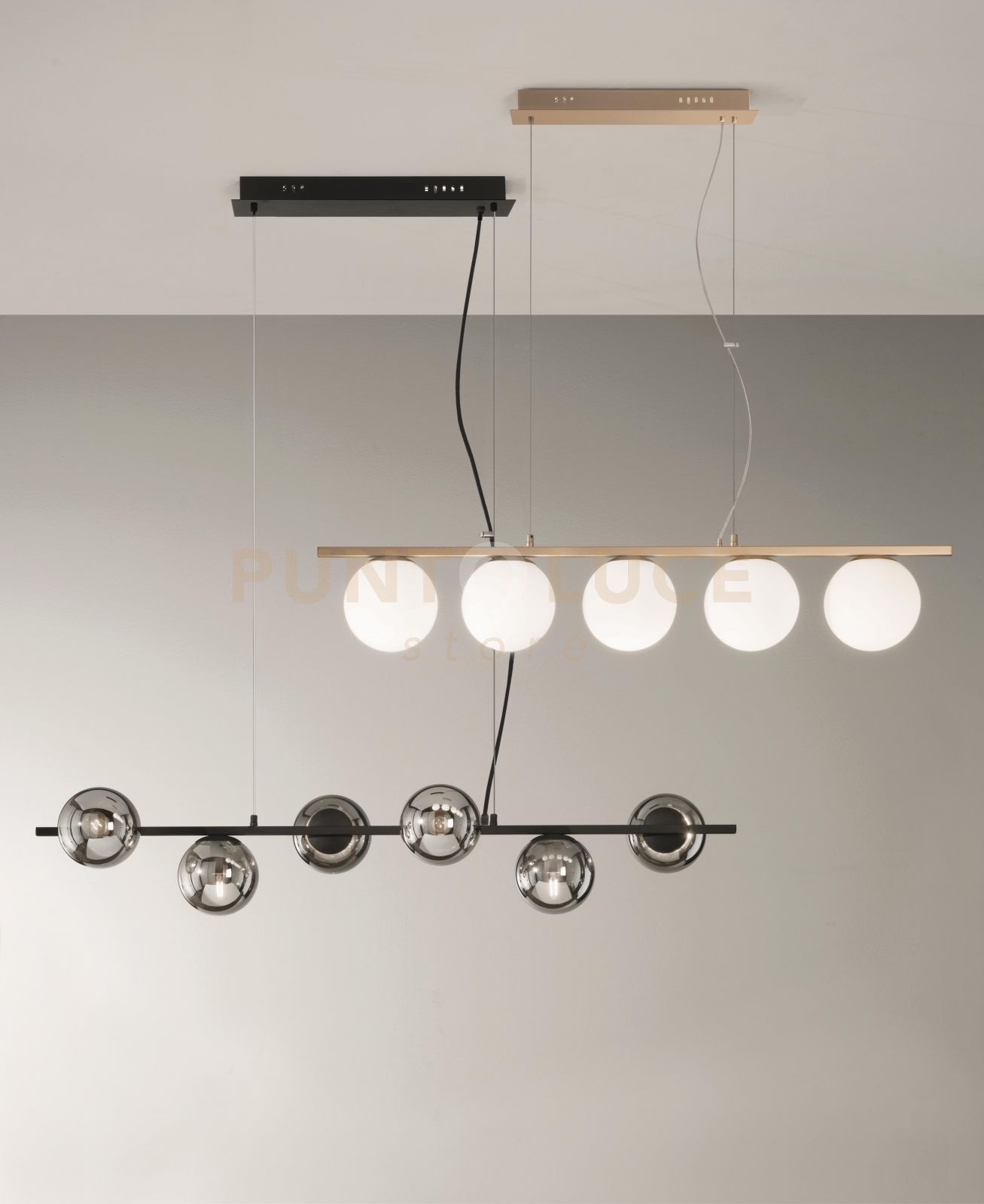 foto del prodotto sospensione monile 6 luci attacco e14 nero e vetri fume' l.120cm