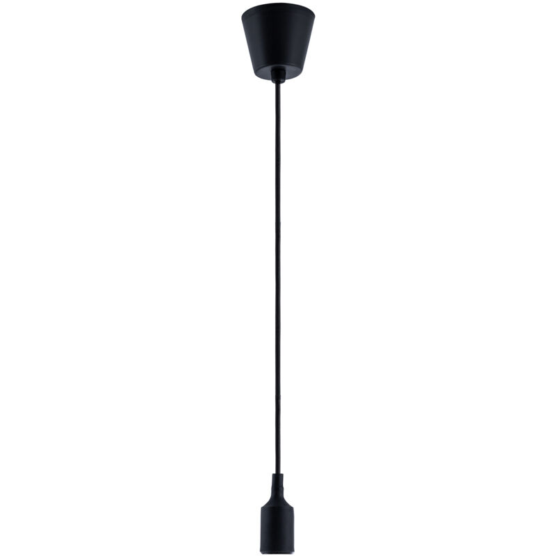 foto del prodotto sospensione nera e27 lampada pendente rivestimento silicone 1,5m cavo in tessuto nero, ambra g95 300 lumen 5w paco home