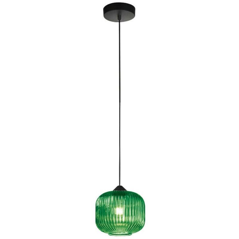 foto del prodotto sospensione ovale alta moderna plisse verde 1 luce e27 in vetro rigato