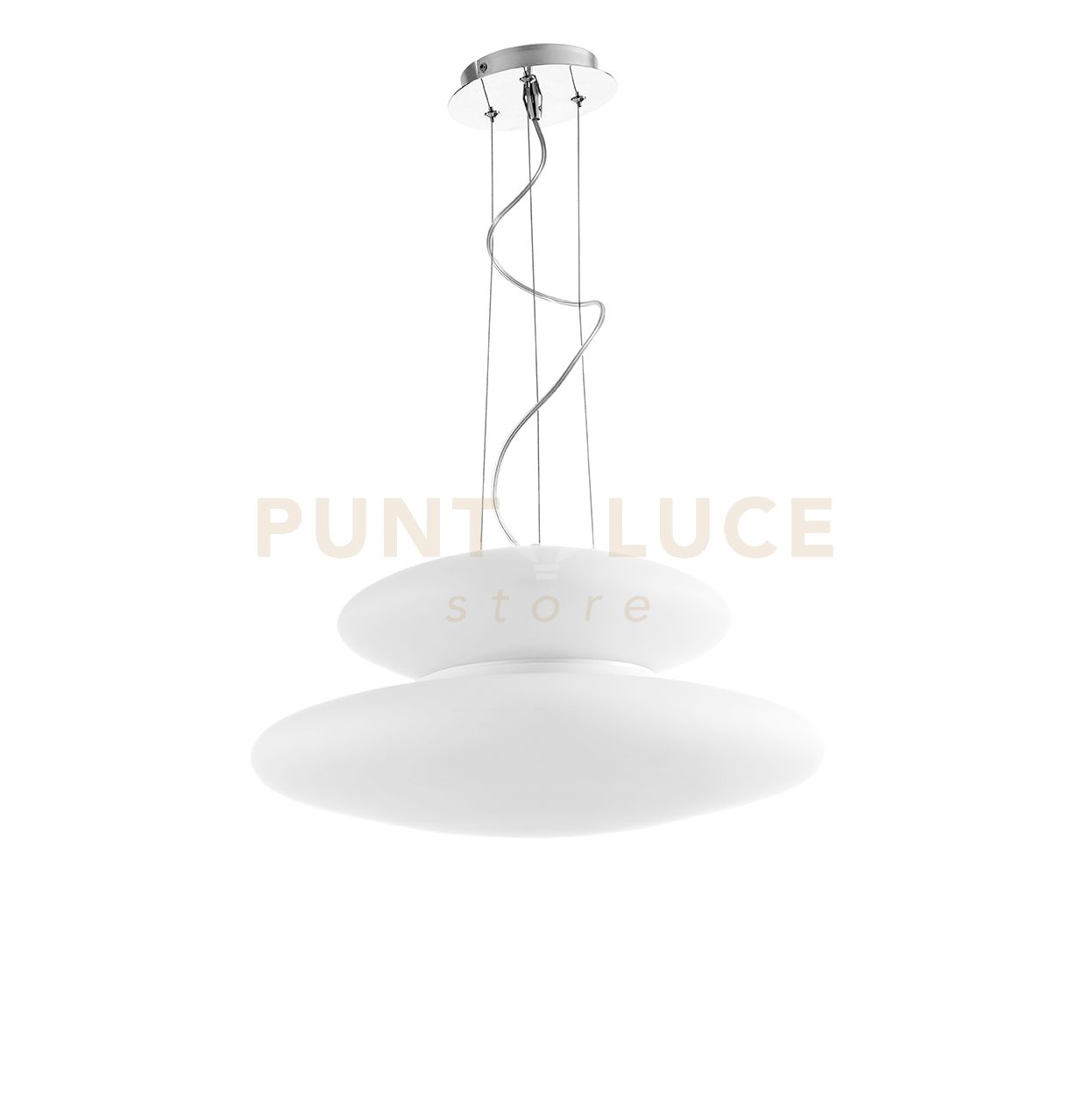 foto del prodotto sospensione pagoda d.50cm 3 2 luci attacco e27 altezza 21cm max 100cm cromo e bianco