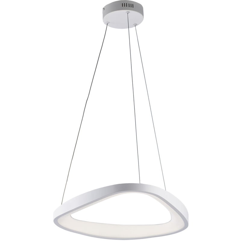 foto del prodotto sospensione triangolare in metallo e alluminio laccato bianco con led integrato e cavi elettrici regolabili