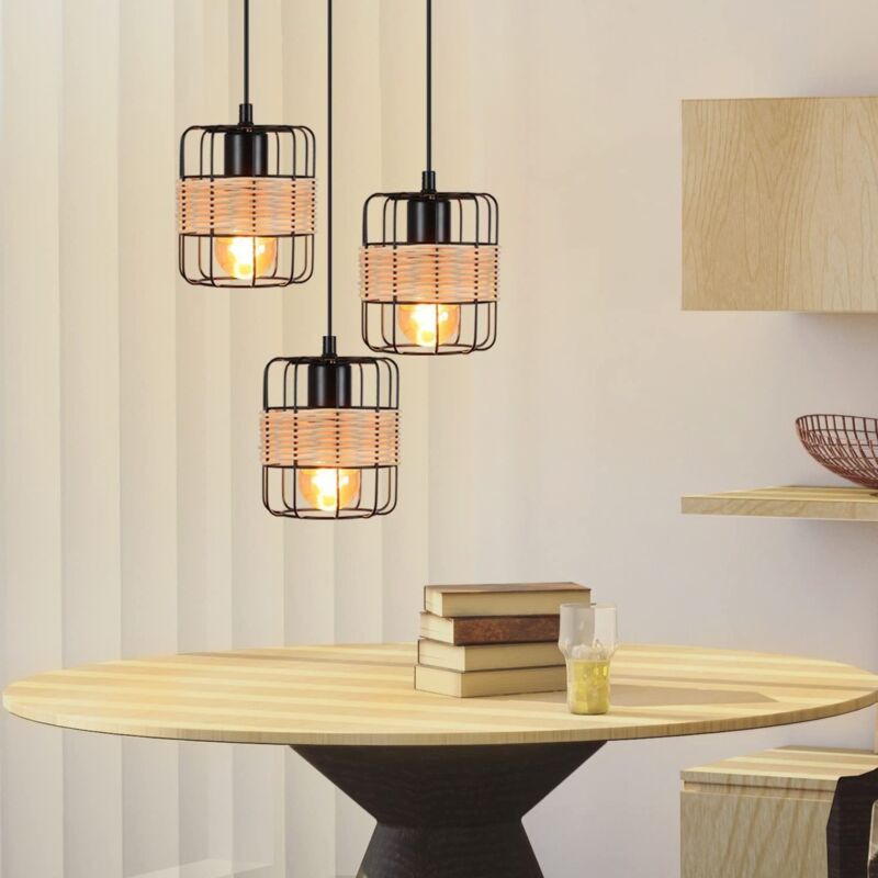 foto del prodotto sospesa vintage gbly lampada sospesa lampada da tavolo da pranzo rustica rotonda nera 3 lampadine retr e27 lampada da salotto in rattan sospesa in