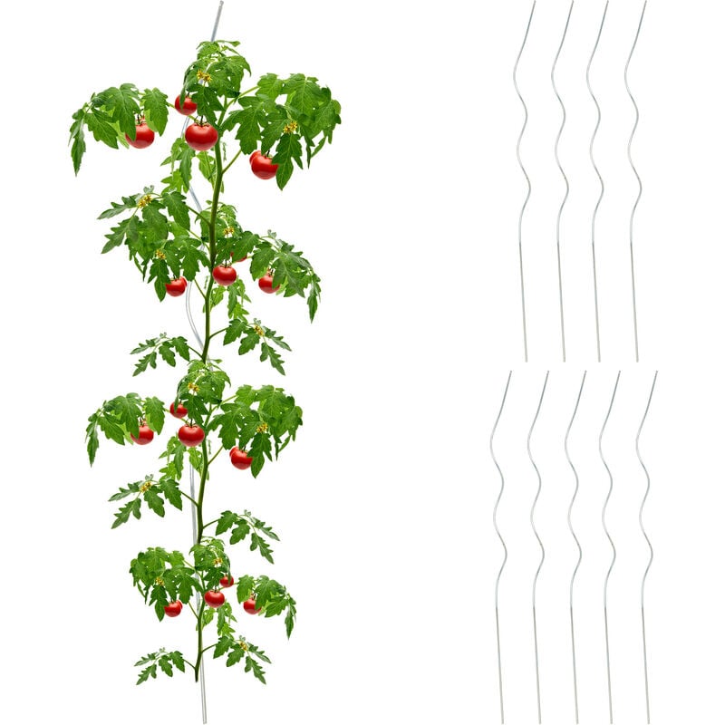 foto del prodotto sostegni per pomodori, set da 10 supporti verticali, acciaio zincato, aste a spirale 5 mm, l 90 cm, argento relaxdays