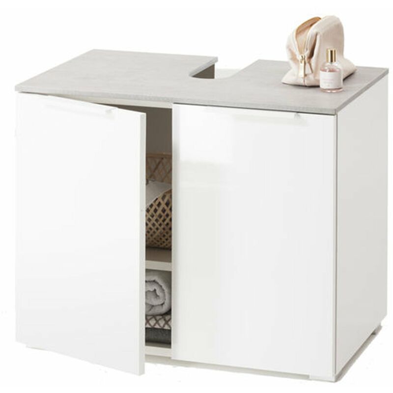 foto del prodotto sotto lavello da bagno bianco lucido e cemento h 58 cm con 2 ante in legno